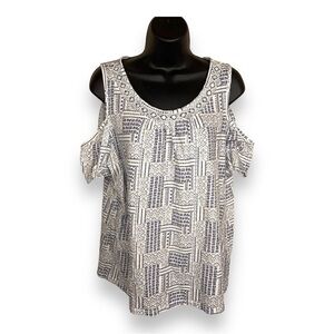 LARGE HANNAH BLUE WHITE BLOUSE TOP COLD SHOULDER BOHO BOHEMIAN